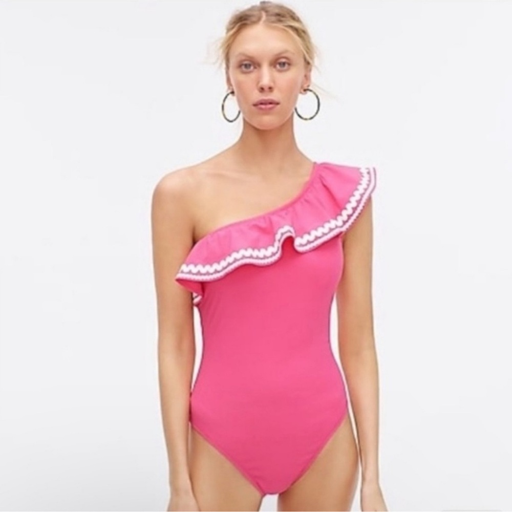 NWT J. Crew Women’s Pink One Shoulder Ruffle & Lace Swimsuit Size 12